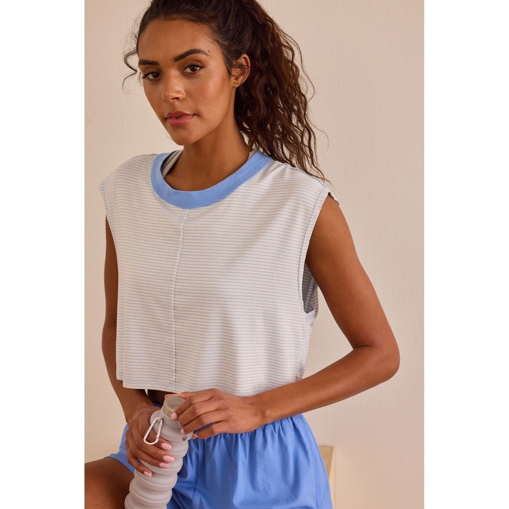 AS Revival Women Blue White Striped Open Back Cropped Muscle Top Size Large NEW